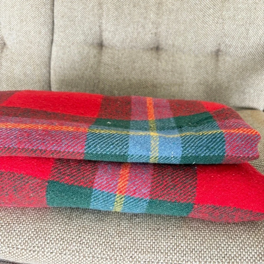 Vintage‎ Plaid Wool Blanket Throw Red Green Fringe Tartan Christmas Holiday